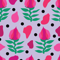 pink roses with petals and polka dots seamless pattern