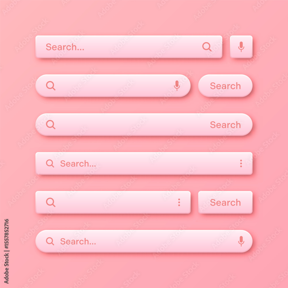 Fototapete Colorful 3d search bar templates. Internet browser engine with search box, address bar and text field. UI design, website interface element with web icons and push button. Vector illustration
