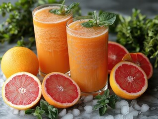 Two glasses of orange juice with grapefruit slices and mint