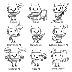 Set of 9 cute hand-drawn robot characters representing various AI technologies
