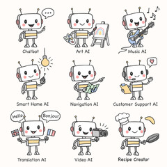 Set of 9 cute hand-drawn robot characters representing various AI technologies