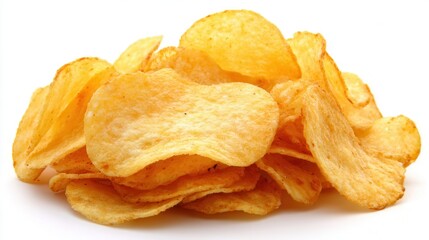 A close-up view of crispy potato chips piled high, showcasing their golden color and wavy texture, This image can be used for food blogs, snack advertisements, or culinary websites,