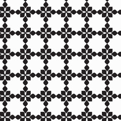 vector seamless pattern with hearts, black and white geometric pattern, grid-like, repeating four-petal flower shapes, clovers or stylized crosses, flower, four rounded, pointed shapes, tessellated