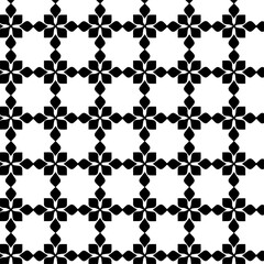 vector seamless pattern with hearts, black and white geometric pattern, grid-like, repeating four-petal flower shapes, clovers or stylized crosses, flower, four rounded, pointed shapes, tessellated