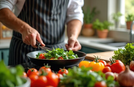 Man cooking salad with fresh vegetables. Chef in black apron preparing vegan meal in kitchen. Healthy eating lifestyle, vegetarian food concept. Ingredients tomatoes, salad, arugula. Cooking at home,