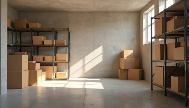 Brightly lit concrete basement with minimalist shelving and soft shadows creates calm spacious atmosphere for storage. Cardboard boxes on racks and floor. Warehouse scene, interior design. - Powered by Adobe