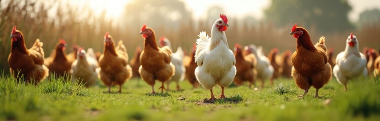 Fototapeta premium Free range chickens walk green pasture grass. Birds domestic fowl in sunny day. Hens with red crests and feathers. Rural poultry farming eco agriculture concept.