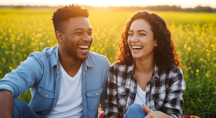 Couple laughing together in a field at sunset