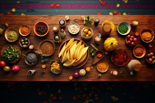 Mexican food table setting with tortilla chips, various toppings, and colorful ingredients
