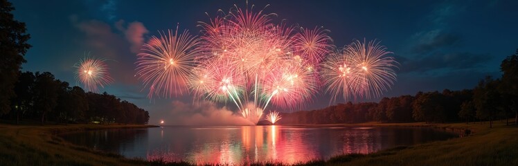 Panoramic view vibrant fireworks display reflecting water. Night sky colorful explosion above lake. Celebration festival holiday event. Sky illuminated with bright lights.