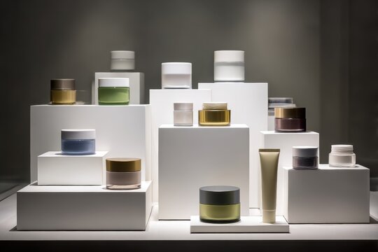 ONE collection of various cosmetic jars and cream tubes are displayed on white podiums, representing blank packaging for natural beauty spone products ...