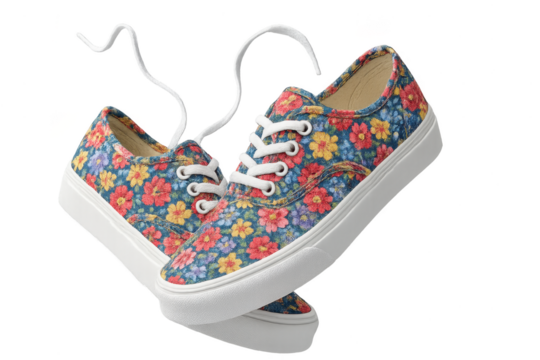 Floral sneakers isolated on transparent background, stylish and colorful footwear