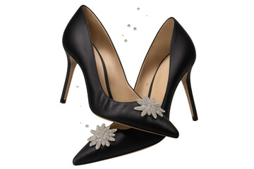 Elegant black high heel shoes decorated with crystal flowers, isolated on transparent background