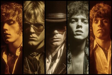 Portrait of five people in sepia tones, split panel design