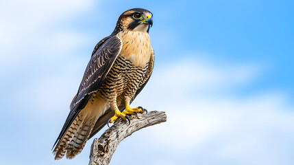 Fototapeta premium Majestic peregrine falcon perched on branch against a clear blue sky in wildlife photography