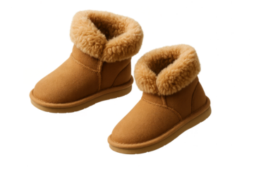 Pair of brown suede boots with fur trim isolated on a transparent background