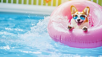 A happy corgi dog wearing sunglasses floats in a pink inflatable ring in a swimming pool. Water splashes around, creating a fun summer scene.