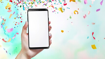 A hand holds a smartphone with a blank screen. Colorful confetti falls around it, creating a festive atmosphere. The background is soft and vibrant.