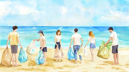 Volunteers cleaning the beach, collecting plastic waste, showing unity, teamwork, and dedication to protecting nature.