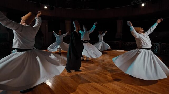 "Slow Motion Footage of Whirling Semazens Performing Sufi Ritual Around Spiritual Leader in Mevlevi Lodge"