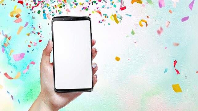 A hand holds a smartphone with a blank screen. Colorful confetti falls around it, creating a festive atmosphere. The background is soft and vibrant.