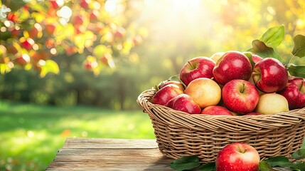 A wicker basket filled with red and yellow apples sits on a wooden table. The background features a sunny autumn landscape with colorful leaves.