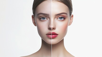 A young Caucasian woman with light brown hair, displaying a split face. One side has natural makeup, while the other features bold makeup. Clean background.
