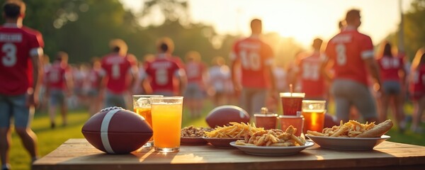 Football tailgate scene with food and drinks before game. People in team uniforms. Sun setting. Background filled with athletes, cheers, festive party atmosphere. Perfect for american football fans.