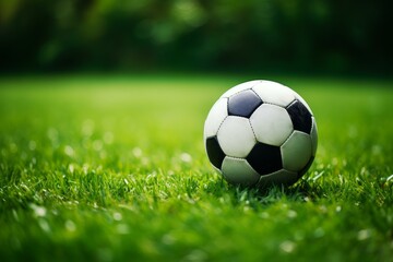 Naklejka premium Soccer ball lying on a vibrant green field, ready for action