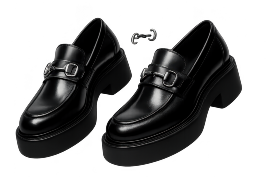 Pair of shiny black platform loafers, isolated on a transparent background.