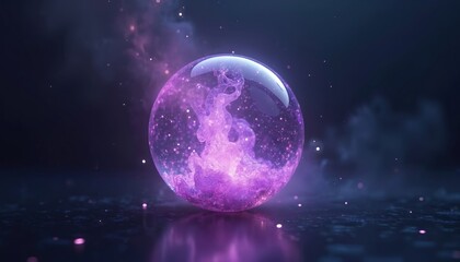 Obraz premium Futuristic illustration of translucent purple energy sphere. Glowing abstract magic round ball with liquid plasma effect in dark background. Concept design, 3D artwork, ideal for tech, science themes.