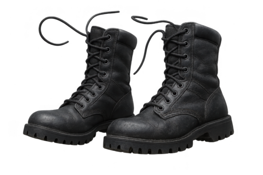 Pair of black military style combat boots isolated on a transparent backdrop