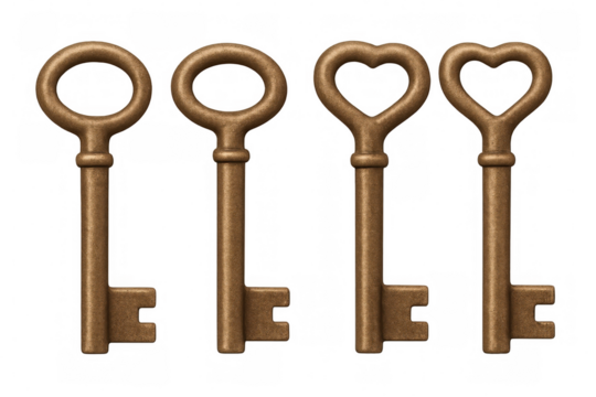 Antique golden keys with round and heart-shaped handles, symbolizing security and romantic connections against transparent backdrop