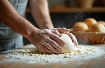 Fototapeta premium Baker kneads dough, preparing fresh bread on wooden table sprinkled flour. Baking process in bakery. Man hands form bread. Warm light. Bread rolls in basket. Homemade food.