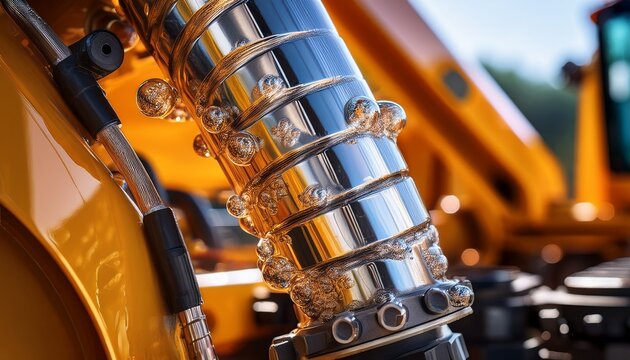 a captivating close up showcasing the hydraulic oil reservoir within a robust construction machine capturing mesmerizing bubbles and a shimmering facade