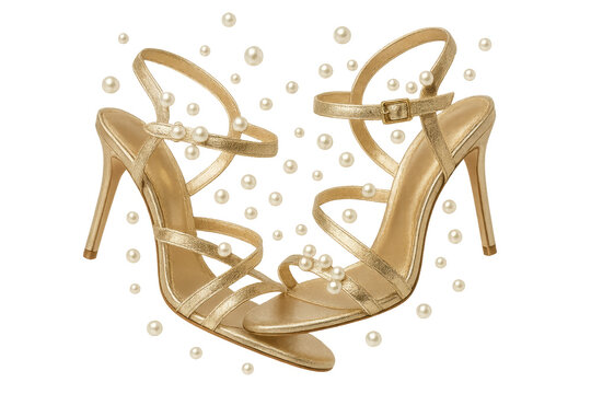 Elegant golden high heel sandals with pearls, isolated on transparent background - Powered by Adobe
