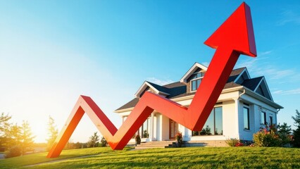 A white house with a front porch sits on a well-maintained lawn. A large red zigzag arrow points upward in front of the house, symbolizing rising property values or real estate market trends.
