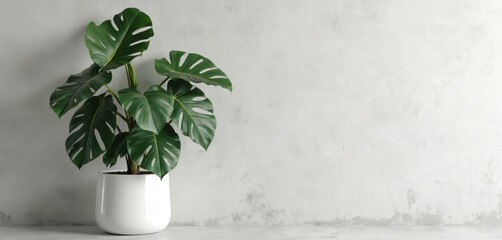 Monstera plant in white ceramic pot against grey textured wall. Home interior decoration with minimal design. Green plants with large leaves. Scandinavian style decor.