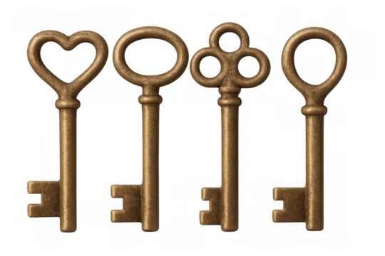 Four golden keys with different shapes, including a heart, are arranged on a transparent background, creating a vintage and symbolic image