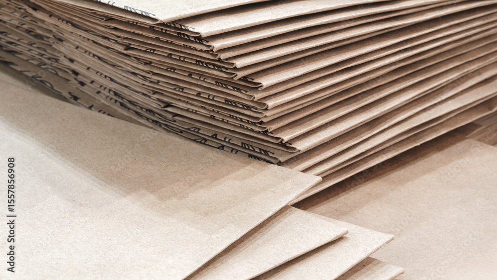 Poster Brown cardboard sheets for packaging is neatly placed in a stack for further use as background for template pages and banners delivery logistics concept