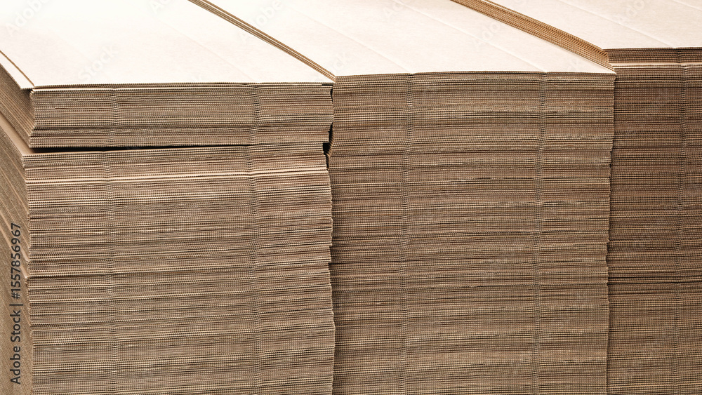 Poster Brown cardboard sheets for packaging is neatly placed in a stack for further use as background for template pages and banners delivery logistics concept
