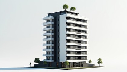 3D rendering of modern apartment building exterior. White, black colors dominate design. Ten floors, rooftop terrace. Residential real estate, urban living concept. Modern condo, architectural design.