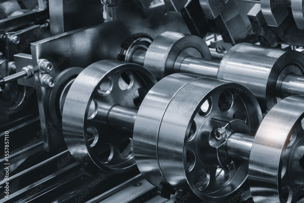 Poster large industrial machine made of metal. the machine is comprised of numerous metal parts, including 