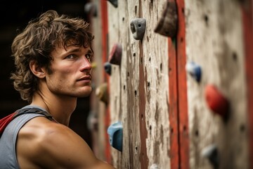 Young man concentrating on a climbing wall, strategizing his ascent