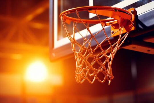 Orange basketball hoop and net hanging in a gym with sunset light in the background