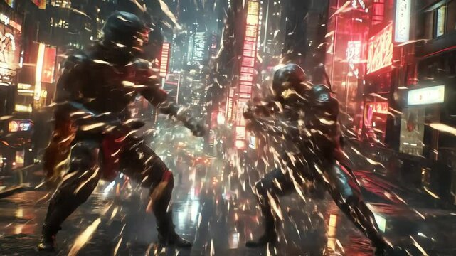 Two ninjas duel with swords in a rainy city Buildings with neon signs fill the background