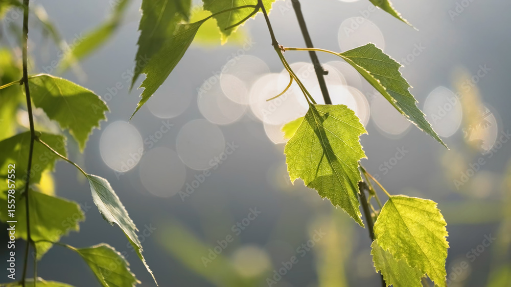 Poster Branch with birch leaves in rays of the sun against background of river with reflection of sun in water, joyful beautiful summer background