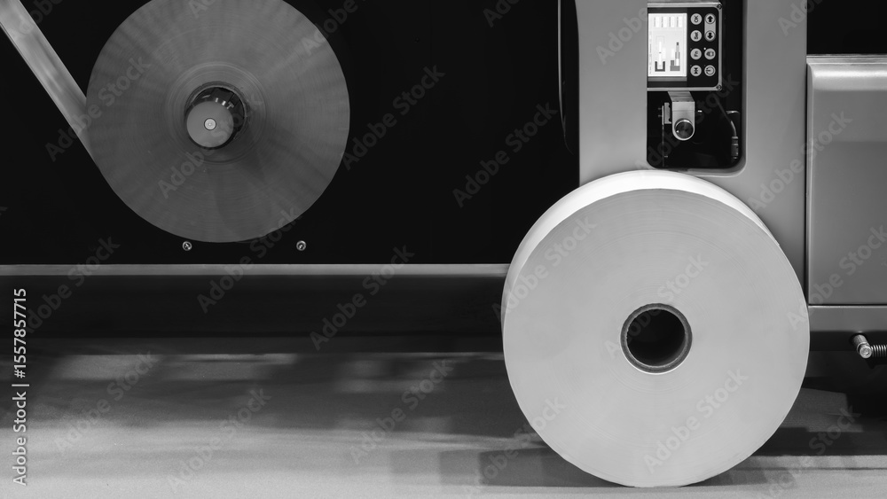 Aufkleber Machine with roll of paper on it. Machine is in factory. industrial food packaging concept background