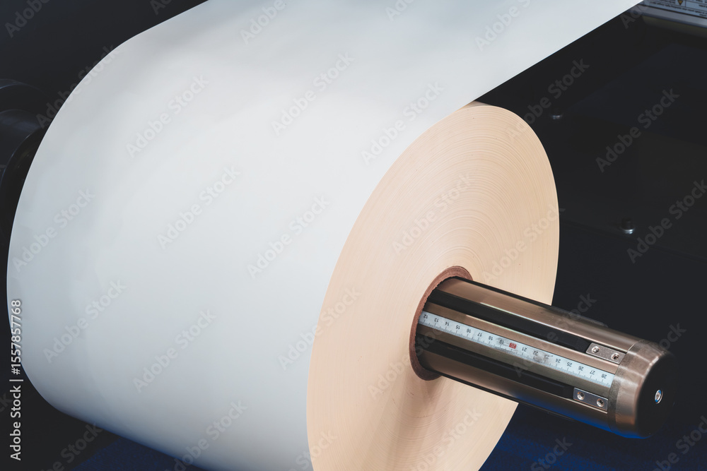 Poster Machine with roll of paper on it. Machine is in factory. industrial food packaging concept background
