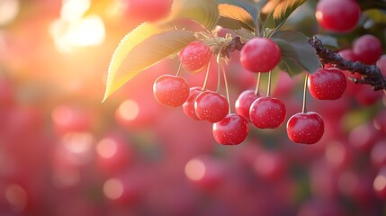 Closeup of ripe cherries on branch in sunlight